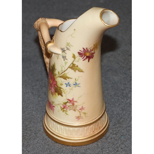 118 - A Royal Worcester Blush round jug with horn shaped handle and multi-coloured floral, leaf and gilt d... 