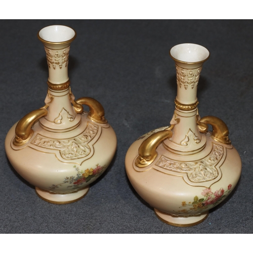 120 - A pair of Royal Worcester Blush round bulbous thin necked 2-handled trumpet shaped vases with multi-... 