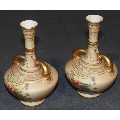 120 - A pair of Royal Worcester Blush round bulbous thin necked 2-handled trumpet shaped vases with multi-... 