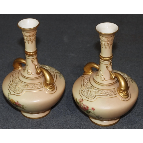 120 - A pair of Royal Worcester Blush round bulbous thin necked 2-handled trumpet shaped vases with multi-... 