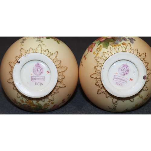 120 - A pair of Royal Worcester Blush round bulbous thin necked 2-handled trumpet shaped vases with multi-... 