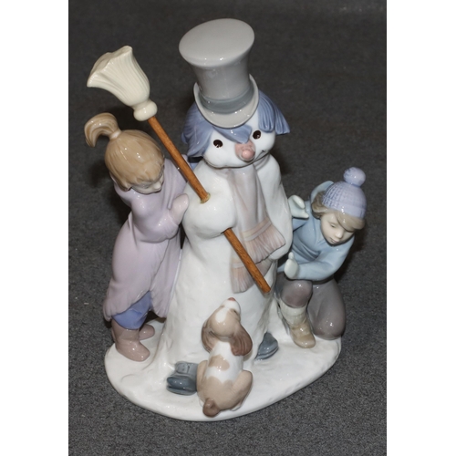 141 - A Lladro group of 2 young children with puppy building a snowman, 20.5cm high (boxed)