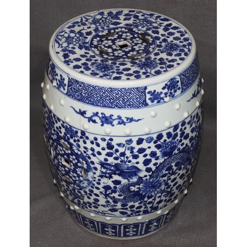 147 - A Chinese 19th Century round bulbous blue and white garden  seat with allover dragon, leaf and scrol... 