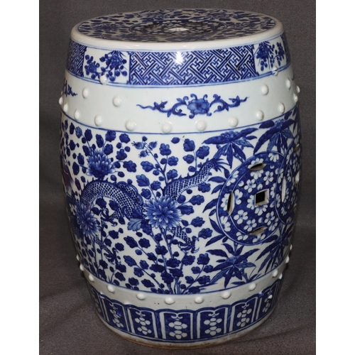 147 - A Chinese 19th Century round bulbous blue and white garden  seat with allover dragon, leaf and scrol... 