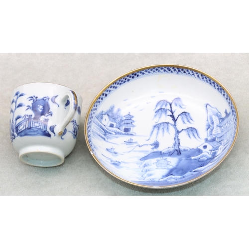 152 - An 18th Century Chinese blue and white cup and saucer with figure, river landscape and building deco... 