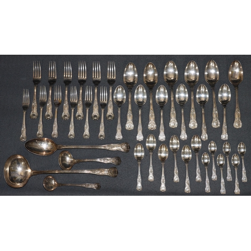 321 - A silver plated Kings patter flatware service comprising of soup ladle, basting spoon, small ladle, ... 