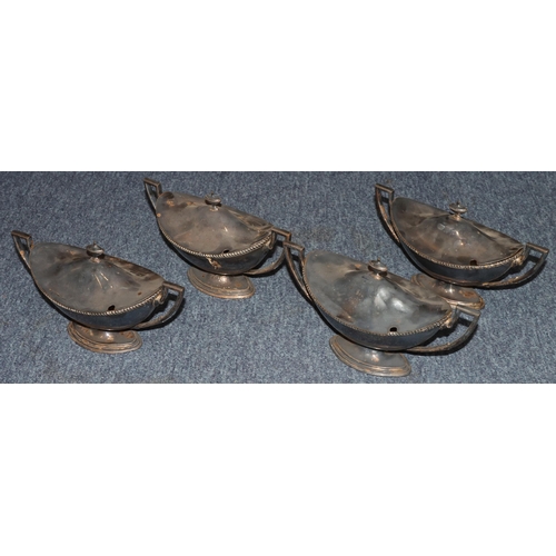 326 - A set of 4 19th Century silver plated oval boat shaped 2-handled tureens, with covers on sweeping ba... 