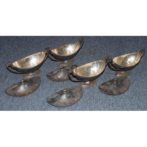 326 - A set of 4 19th Century silver plated oval boat shaped 2-handled tureens, with covers on sweeping ba... 