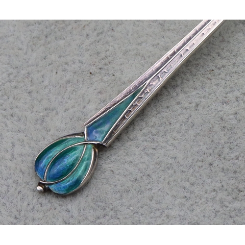 332 - An Edward VIII Liberty & Co. silver and enamelled teaspoon with blue and green enamelled decoration,... 