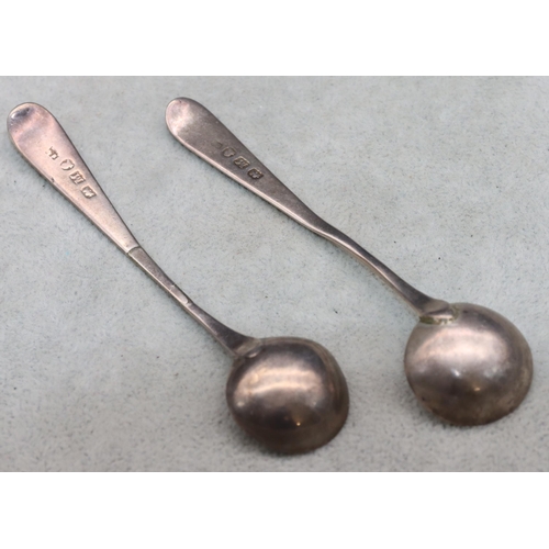 339 - A pair of George III silver mustard spoons with engraved crests, London 1807, 0.49oz (2)