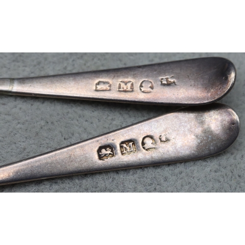 339 - A pair of George III silver mustard spoons with engraved crests, London 1807, 0.49oz (2)