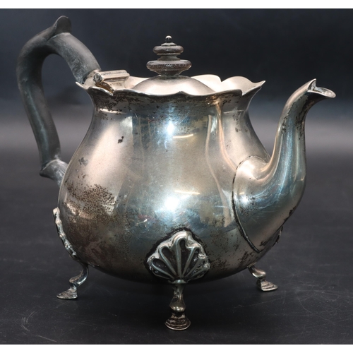 354 - A late Victorian silver small round bulbous shaped teapot with crinkle rim, ebony handle and finial,... 