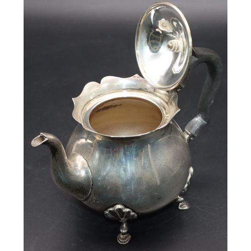 354 - A late Victorian silver small round bulbous shaped teapot with crinkle rim, ebony handle and finial,... 