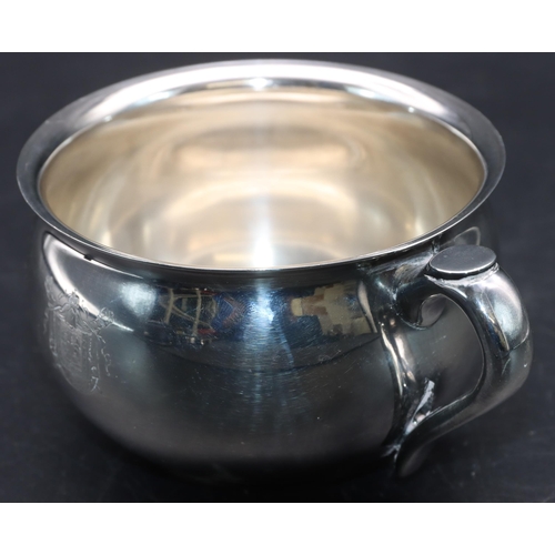 355 - A Carrington & Co. 925 silver round bulbous shaped cup with engraved inscription, 7.2cm high, 8.4oz