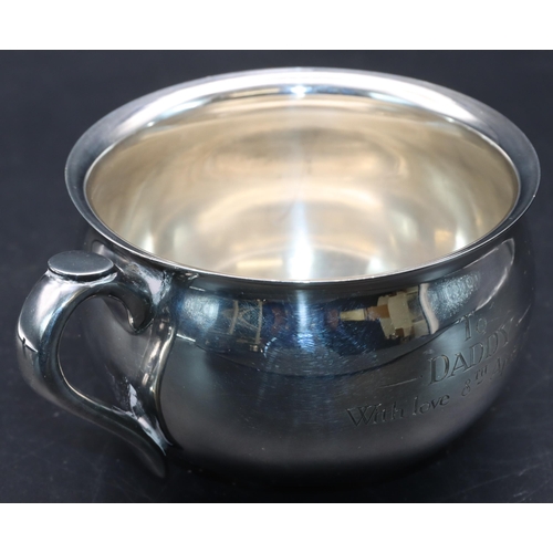 355 - A Carrington & Co. 925 silver round bulbous shaped cup with engraved inscription, 7.2cm high, 8.4oz