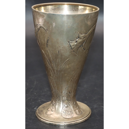 356 - J Tostrup 830 silver coloured metal Art Nouveau round trumpet shaped beaker with allover embossed fl... 