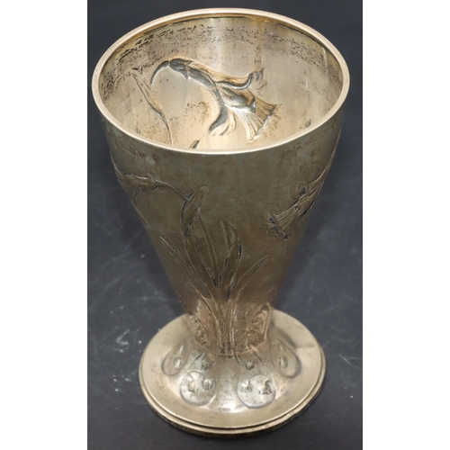 356 - J Tostrup 830 silver coloured metal Art Nouveau round trumpet shaped beaker with allover embossed fl... 