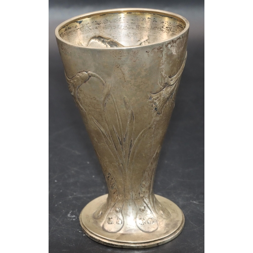 356 - J Tostrup 830 silver coloured metal Art Nouveau round trumpet shaped beaker with allover embossed fl... 