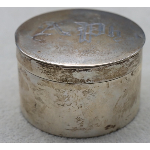 361 - A Continental cylindrical silver lidded box with engraved initials, 5.3cm diameter, 1.2oz