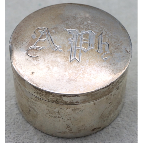 361 - A Continental cylindrical silver lidded box with engraved initials, 5.3cm diameter, 1.2oz