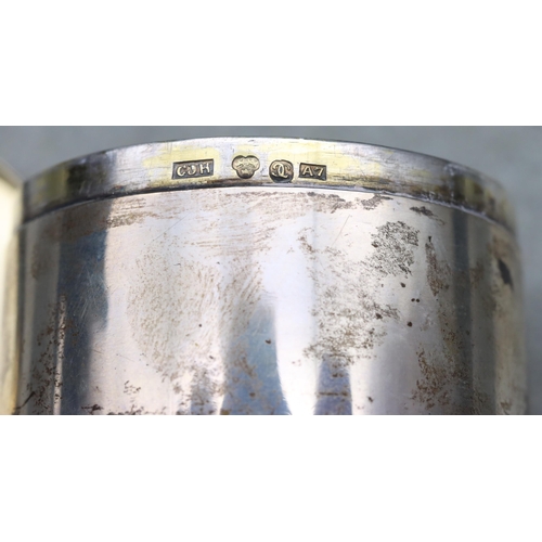 361 - A Continental cylindrical silver lidded box with engraved initials, 5.3cm diameter, 1.2oz