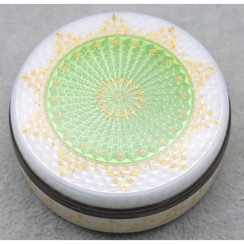 365 - David Anderson 925 silver gilt and allover enamelled circular snuff box with cover on white and pale... 