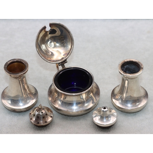 371 - A 3-piece Birmingham silver round bulbous shaped condiment set comprising of mustard with blue glass... 