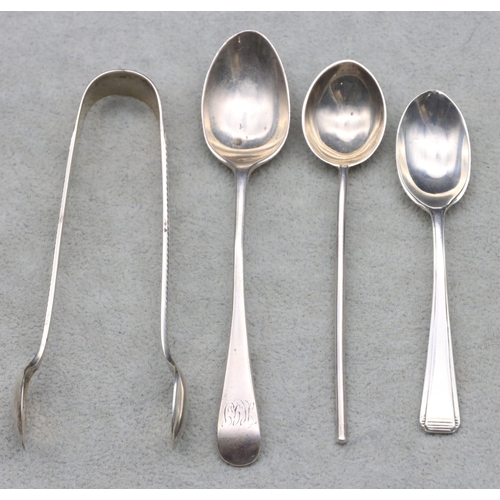 373 - A pair of Sheffield silver sugar tongs and 3 various silver teaspoons, 1.3oz