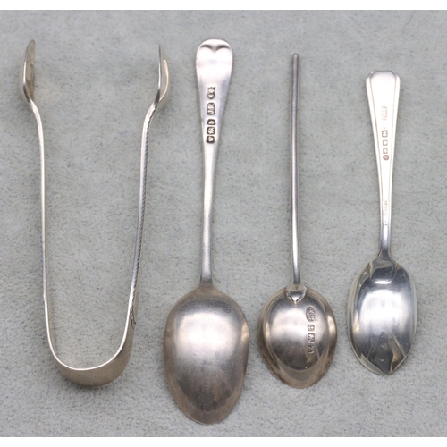 373 - A pair of Sheffield silver sugar tongs and 3 various silver teaspoons, 1.3oz