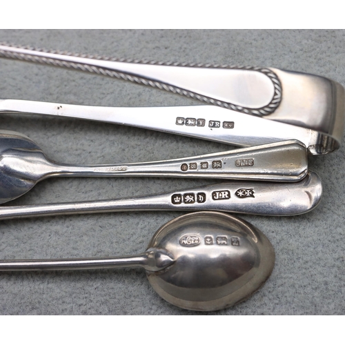 373 - A pair of Sheffield silver sugar tongs and 3 various silver teaspoons, 1.3oz