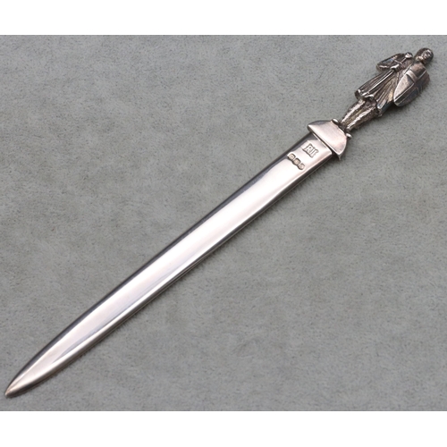 390 - A Modern Sheffield silver paper knife with St George finial, 19.5cm long, 2.2oz