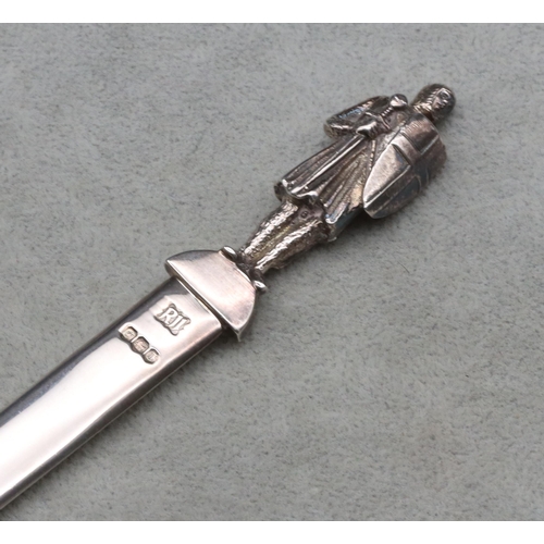 390 - A Modern Sheffield silver paper knife with St George finial, 19.5cm long, 2.2oz