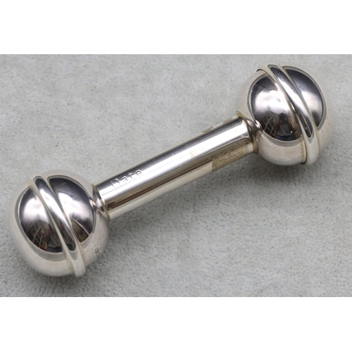 391 - A modern Birmingham 925 silver baby's rattle in the form of a dumb weight, 11cm long, 1oz