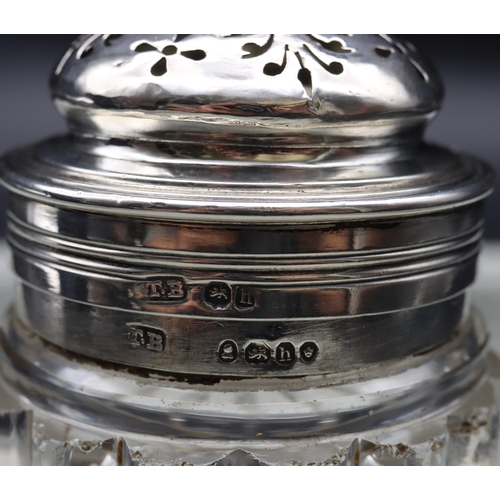 392 - A George IV cut glass caster with silver lid, London 1883, maker's mark T.B. (minute chips to edges ... 