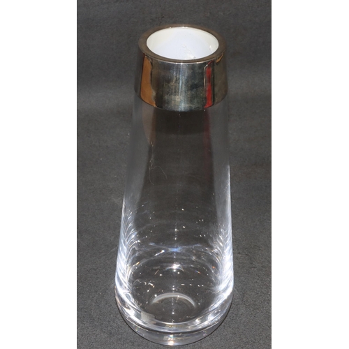 393 - A plain glass tall round bulbous shaped vase with London 925 silver neck, 35.3cm high