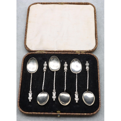 407 - A set of 6 Birmingham silver Apostle teaspoons, maker William Deakon, 0.97oz, in brown leather case