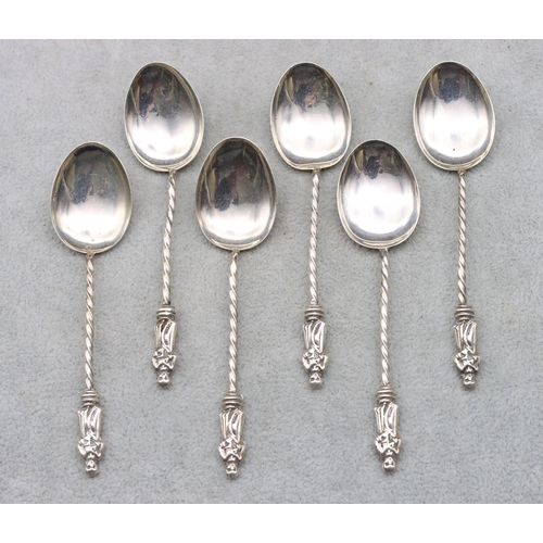 407 - A set of 6 Birmingham silver Apostle teaspoons, maker William Deakon, 0.97oz, in brown leather case