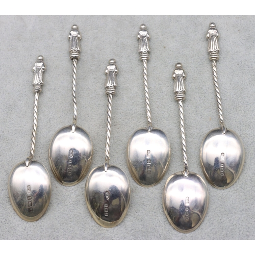 407 - A set of 6 Birmingham silver Apostle teaspoons, maker William Deakon, 0.97oz, in brown leather case