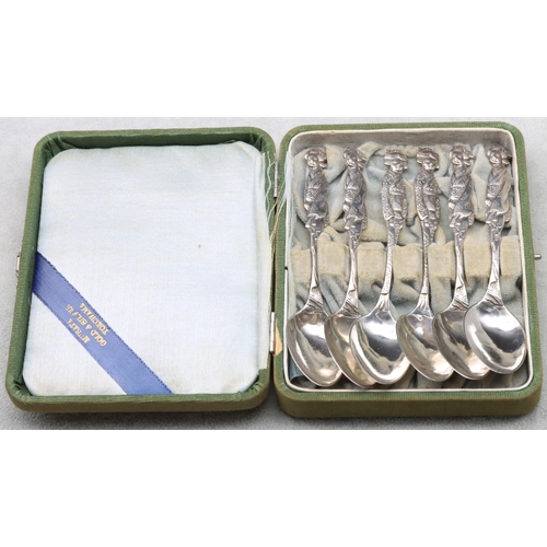 411 - A set of 6 Japanese sterling silver teaspoons with figure motifs of Geisha girls, 3.6oz, in fitted g... 