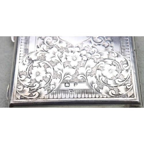 420 - A Victorian Birmingham silver card case with allover bright cut floral and scroll decoration, hinged... 