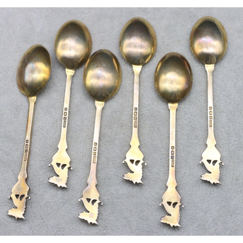 425 - A set of 6 Birmingham silver gilt teaspoons with dragon head motifs, maker's mark JRG, 1.8oz