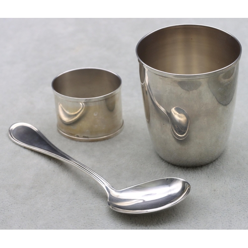 435 - A Continental 800 silver coloured metal beaker, napkin ring and child's spoon in fitted blue case, 2... 