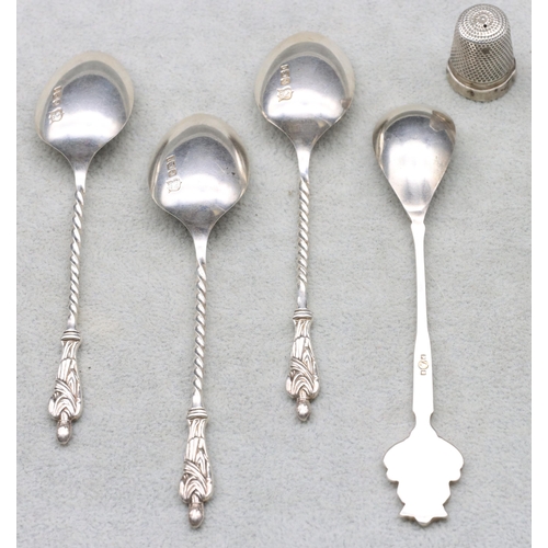 457 - A set of 3 Sheffield silver Apostle teaspoons with twist stems, a Continental silver coloured metal ... 