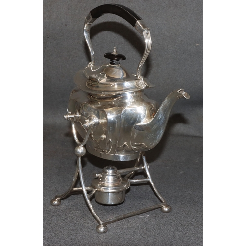 460 - A George V silver oval kettle on stand with matching burner, overhead ebony handle and finial, Sheff... 