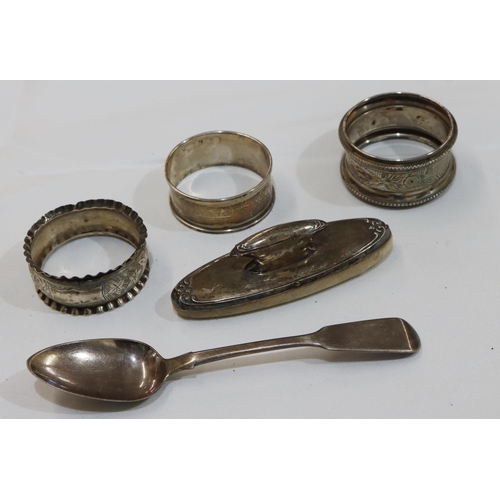 473 - 3 Birmingham silver round napkin rings, a Georgian London silver teaspoon and a Birmingham silver na... 