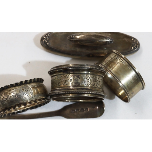 473 - 3 Birmingham silver round napkin rings, a Georgian London silver teaspoon and a Birmingham silver na... 