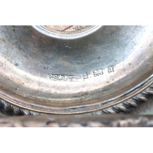 477 - A Birmingham silver small round dish inset with copper One Penny, a Birmingham silver napkin ring, 3... 