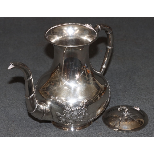 488 - A Chinese silver coloured metal round bulbous teapot (hinge to lid in need of restoration) with embo... 