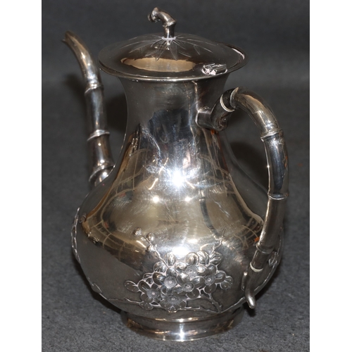 488 - A Chinese silver coloured metal round bulbous teapot (hinge to lid in need of restoration) with embo... 