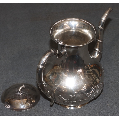 488 - A Chinese silver coloured metal round bulbous teapot (hinge to lid in need of restoration) with embo... 